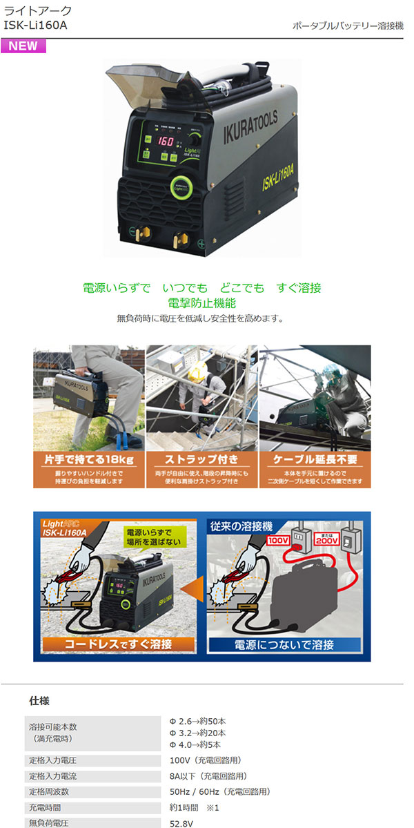 イクラ Ikura 育良精機 ポータブルバッテリー溶接機 なら 電動工具 大工道具の台新